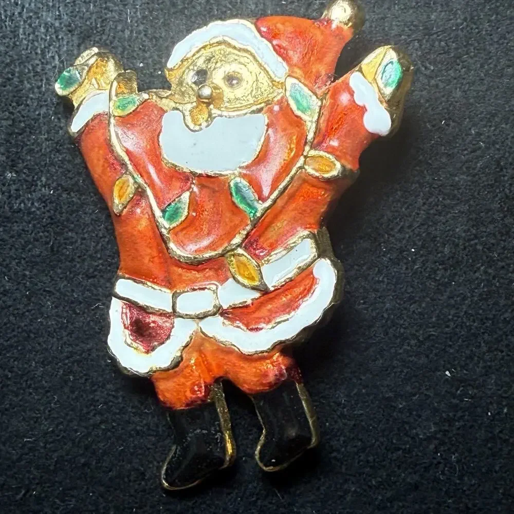 Vintage Happy Santa Claus Enamel Christmas Brooch Pin Red White Gold Green Black